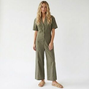 Natural Life Jumpsuit Large Olive Green Wide Leg Cotton Button Front Romper Boho